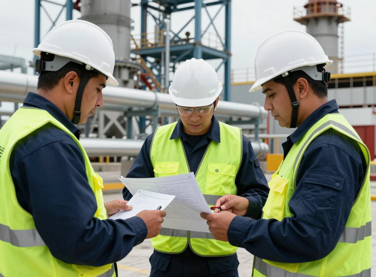 Ingenieros revisando planos en obra